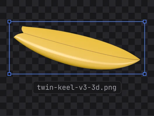 Twin Keel 6'0" 3D snapshot on a transparency grid, exported as twin-keel-v3-3d.png