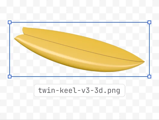 Twin Keel 6'0" 3D snapshot on a transparency grid, exported as twin-keel-v3-3d.png