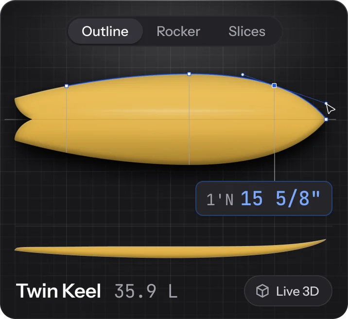 The Surfbase design editor mid-edit: the Twin Keel outline with its Bézier handles and cursor, station readouts 1'T 15 3/8", WP +4 3/8" and 1'N 15 5/8", and the rocker below