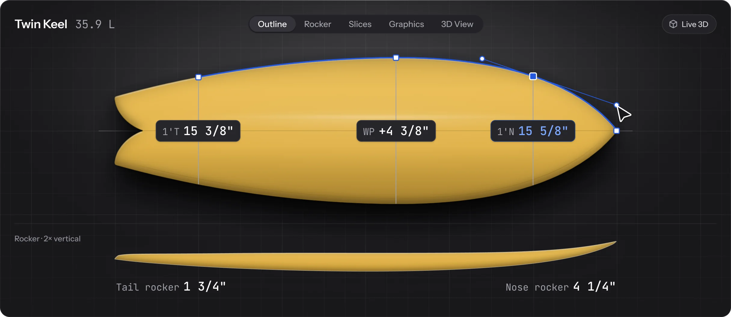 The Surfbase design editor mid-edit: the Twin Keel outline with its Bézier handles and cursor, station readouts 1'T 15 3/8", WP +4 3/8" and 1'N 15 5/8", and the rocker below