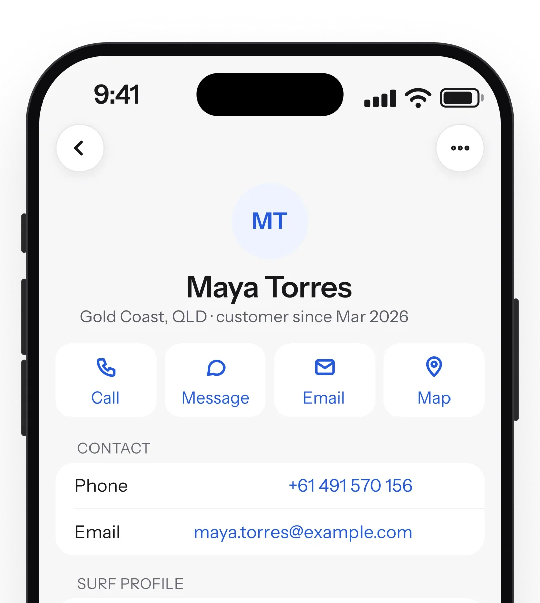 Surfbase iPhone app: the customer card for Maya Torres with Call, Message, Email and Map, contact details and surf profile