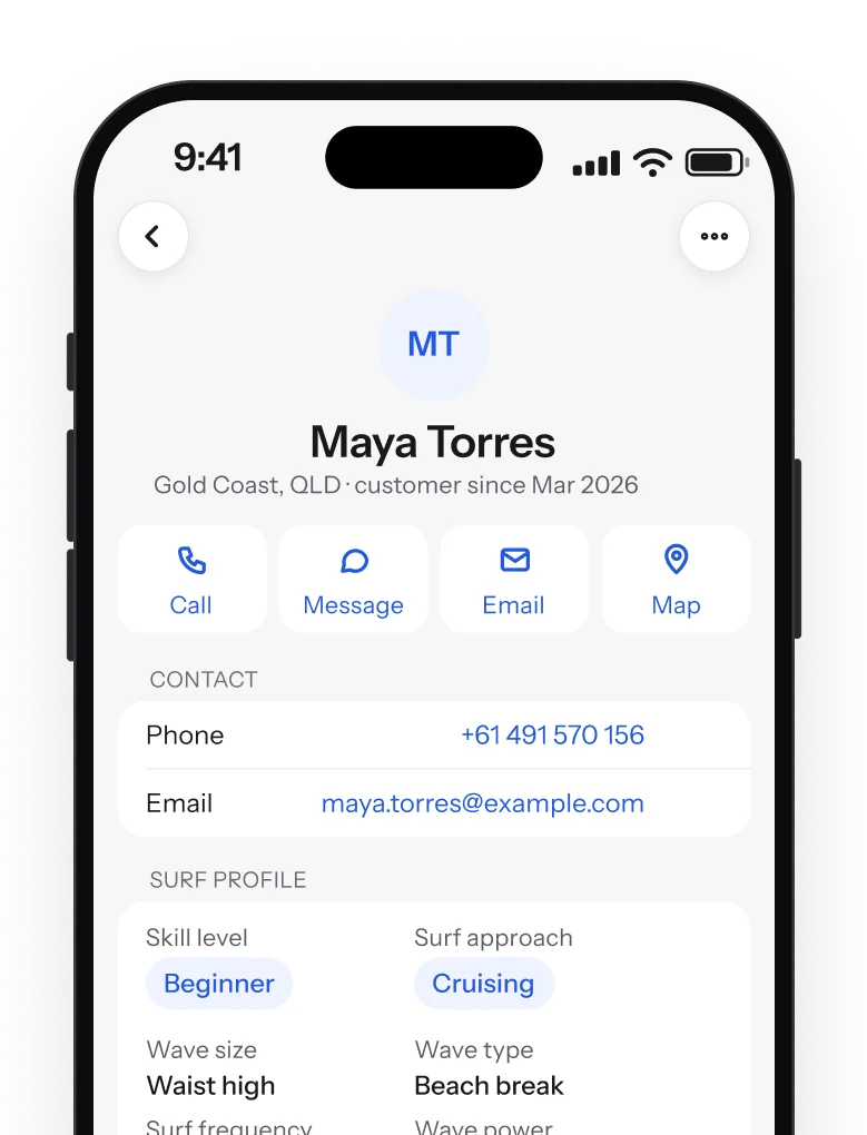 Surfbase iPhone app: the customer card for Maya Torres with Call, Message, Email and Map, contact details and surf profile