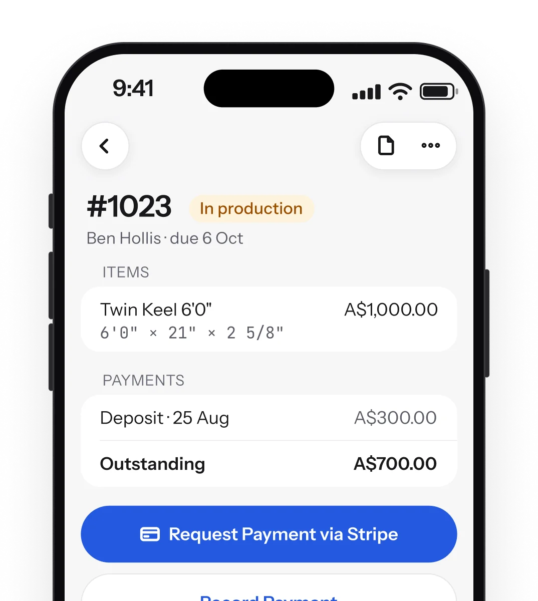 Surfbase iPhone app: order #1023 with its items, the deposit paid and A$700 outstanding, and Request Payment via Stripe