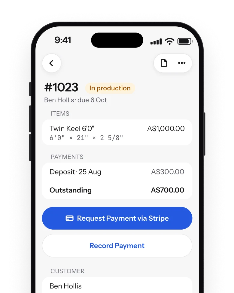 Surfbase iPhone app: order #1023 with its items, the deposit paid and A$700 outstanding, and Request Payment via Stripe