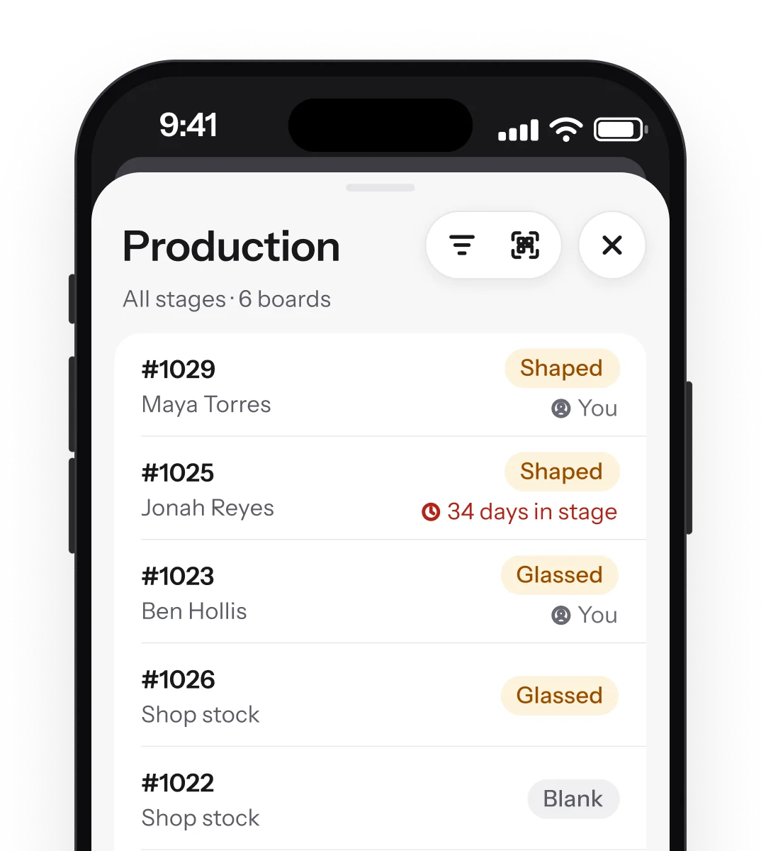 Surfbase iPhone app: the Production sheet listing boards by stage (Shaped, Glassed, Blank) with their riders