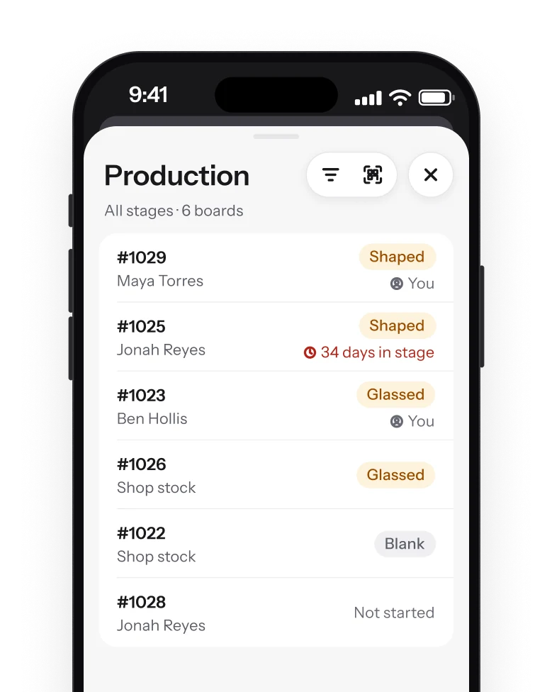 Surfbase iPhone app: the Production sheet listing boards by stage (Shaped, Glassed, Blank) with their riders
