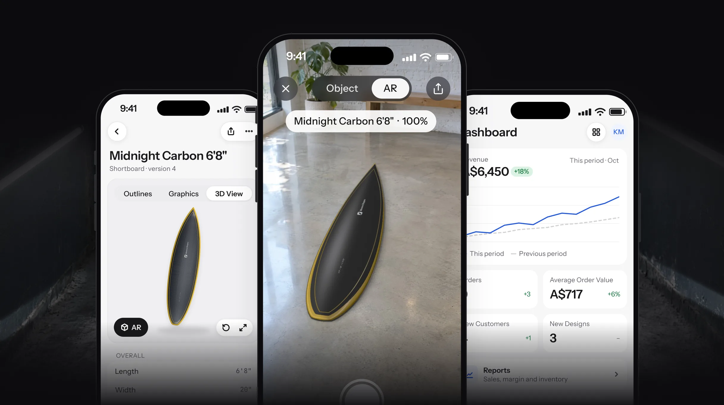 Three iPhones in a dark shaping bay: a design in 3D, the board placed in a room with AR Quick Look, and the dashboard