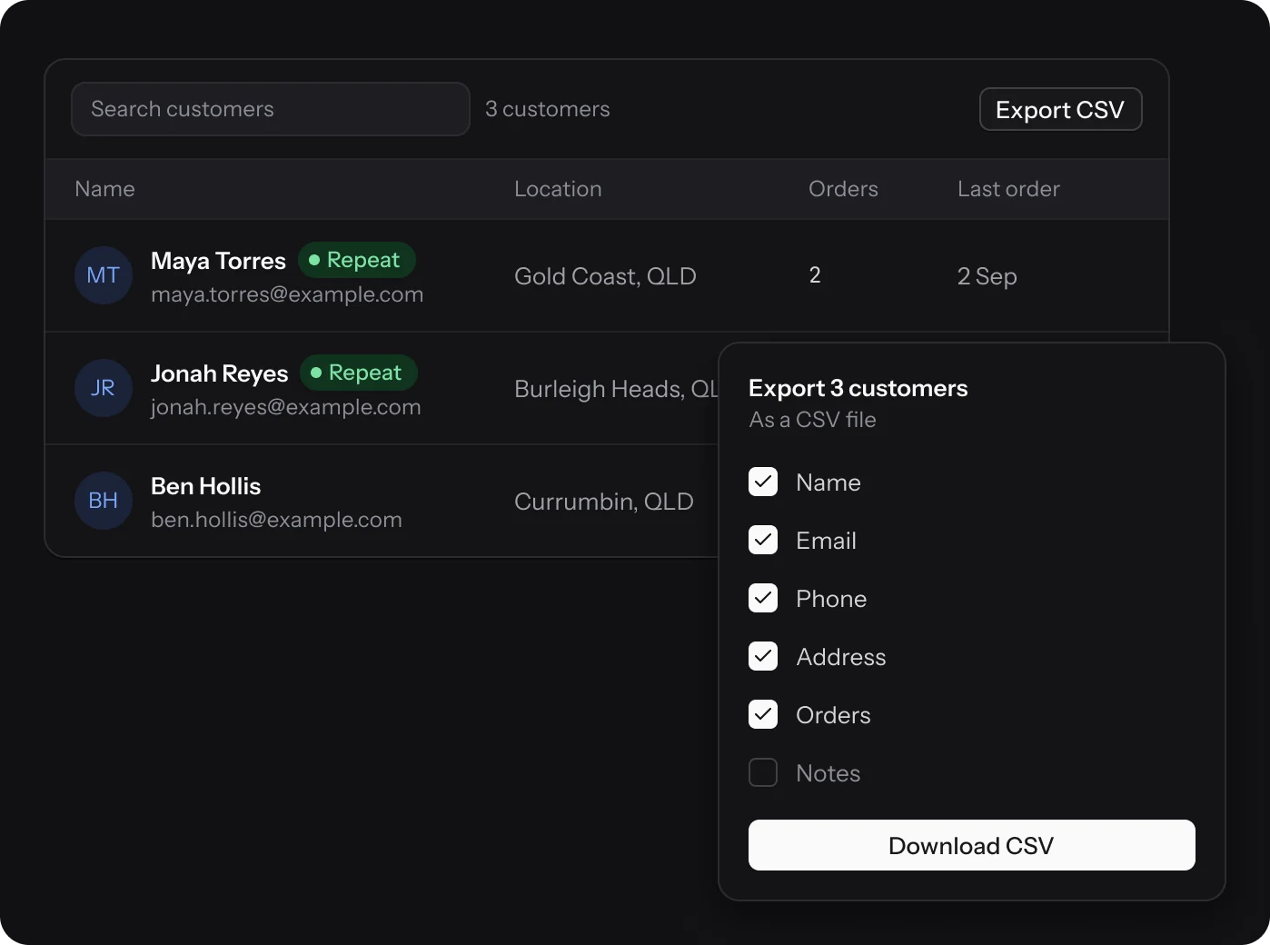 The customer list with repeat customers, and the Export CSV dialog