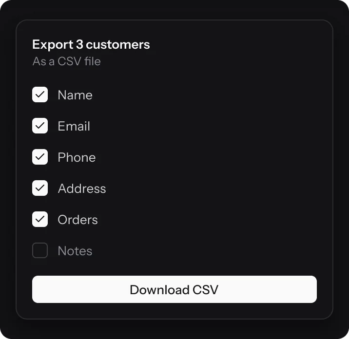 The Export CSV dialog for three customers