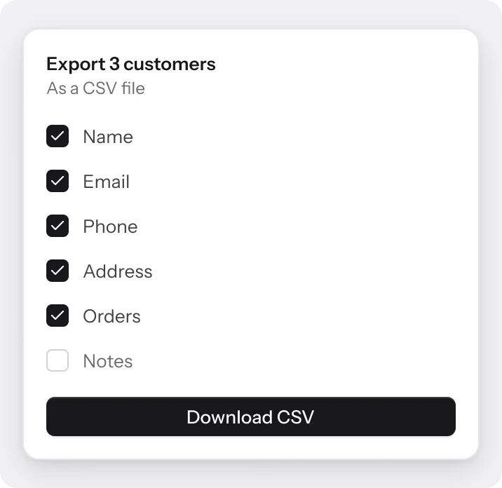 The Export CSV dialog for three customers