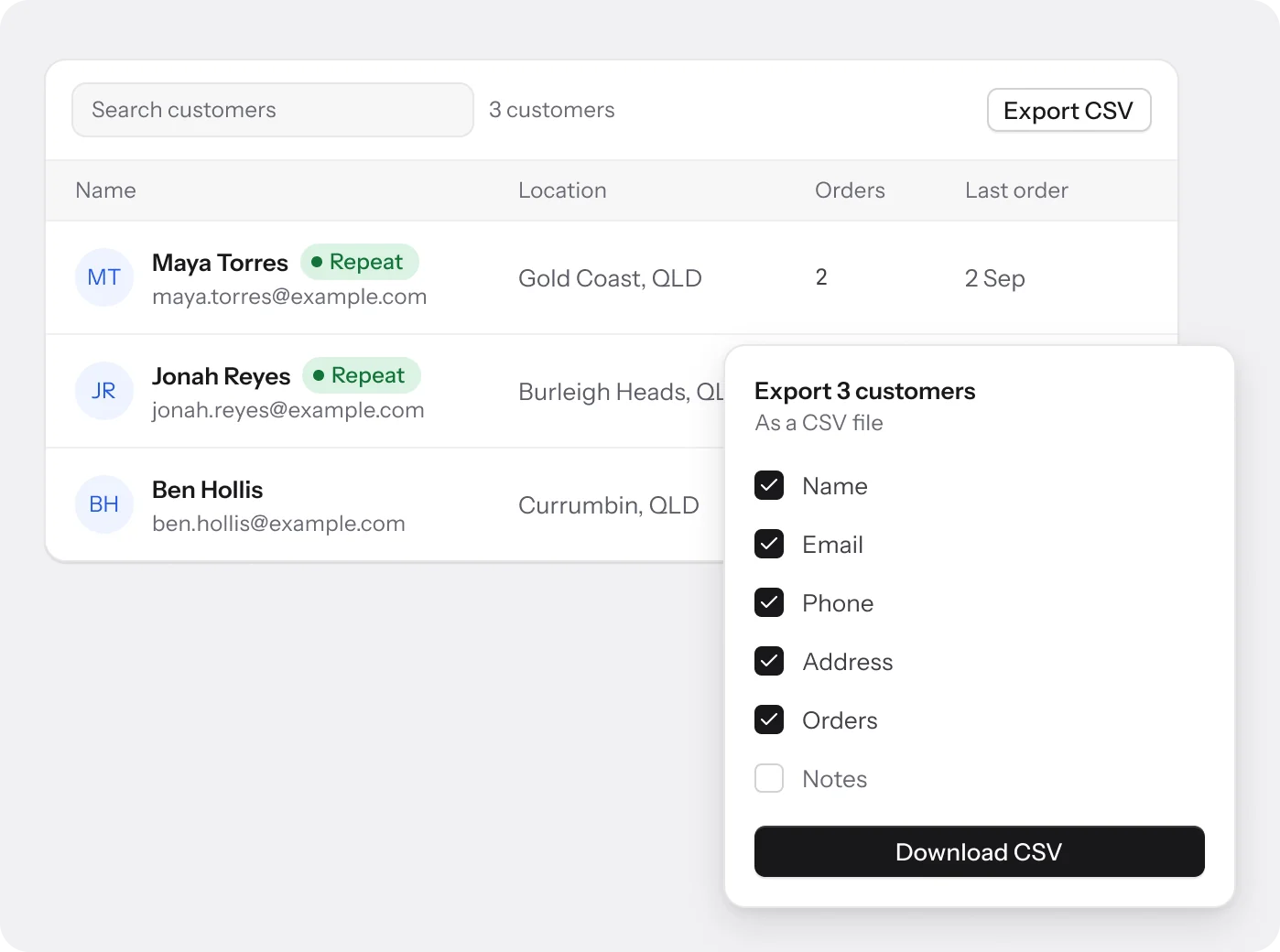 The customer list with repeat customers, and the Export CSV dialog