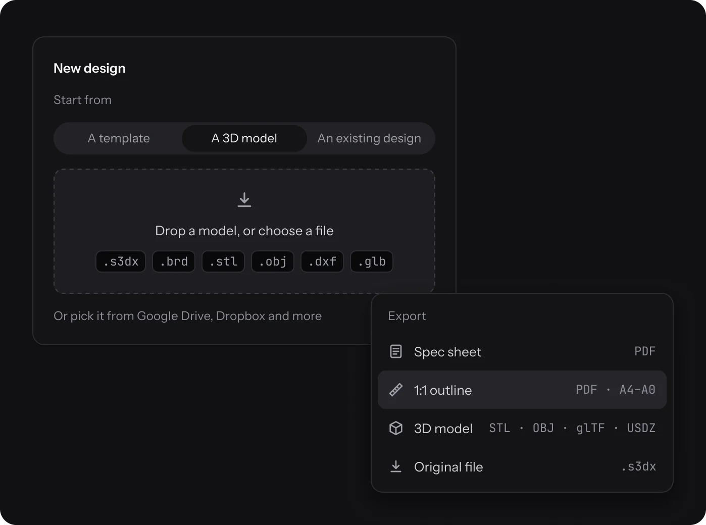 The New design dialog importing a 3D model, with the Export menu: spec sheet, 1:1 outline, 3D model and original file