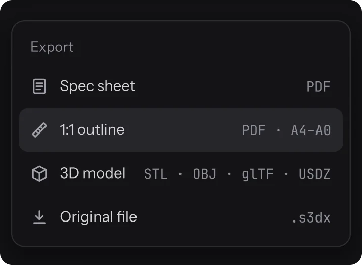 The Export menu: spec sheet, 1:1 outline, 3D model and original file