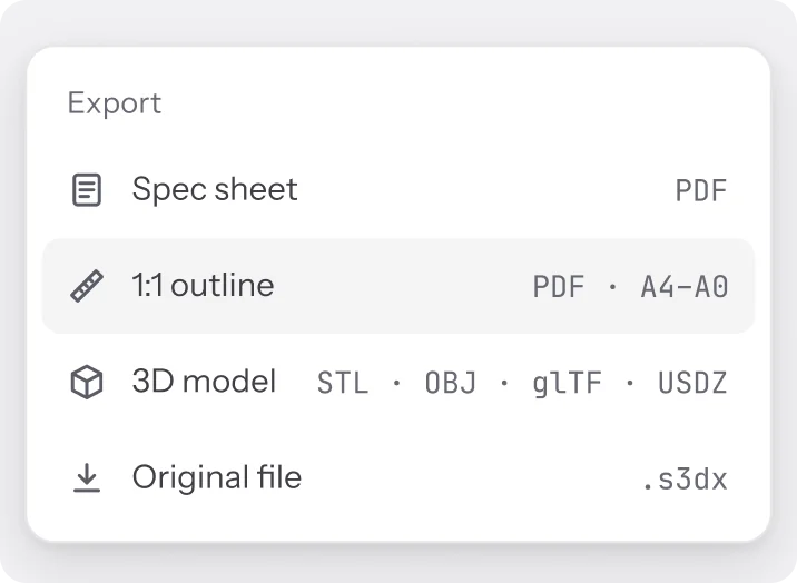 The Export menu: spec sheet, 1:1 outline, 3D model and original file