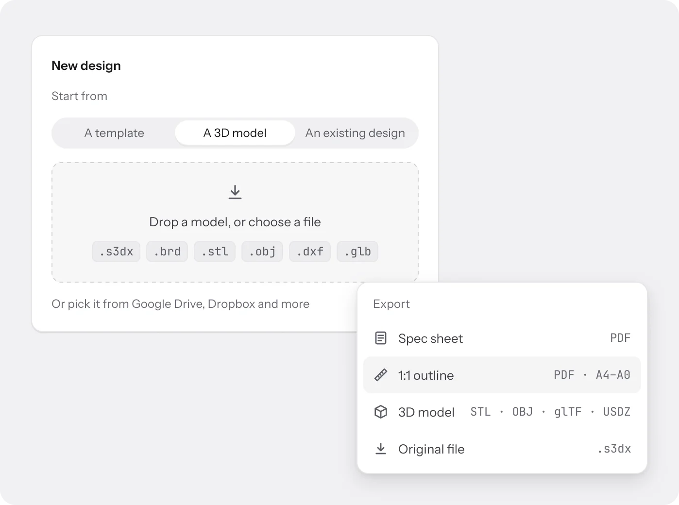 The New design dialog importing a 3D model, with the Export menu: spec sheet, 1:1 outline, 3D model and original file