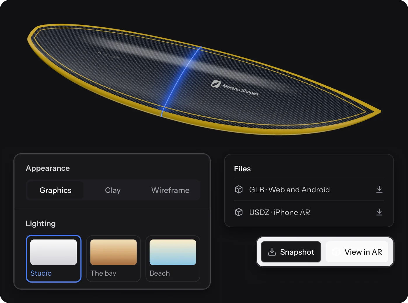Midnight Carbon in the 3D view with the Appearance menu open: Graphics, Clay or Wireframe, lit as Studio, The bay or Beach