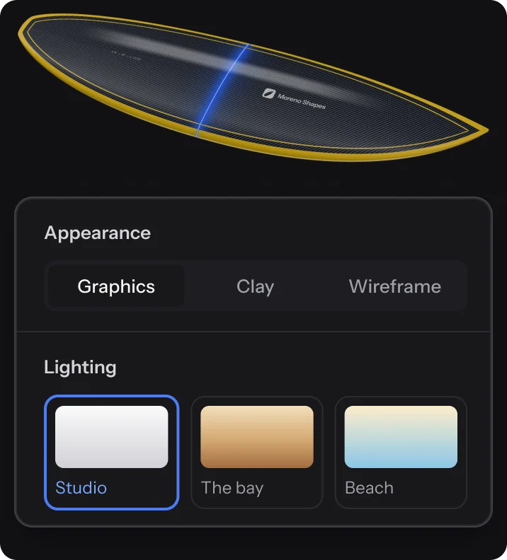Midnight Carbon in 3D with the Appearance menu: Studio, The bay or Beach lighting