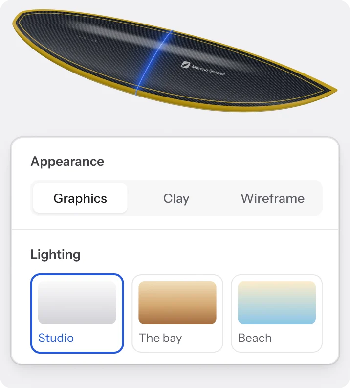 Midnight Carbon in 3D with the Appearance menu: Studio, The bay or Beach lighting