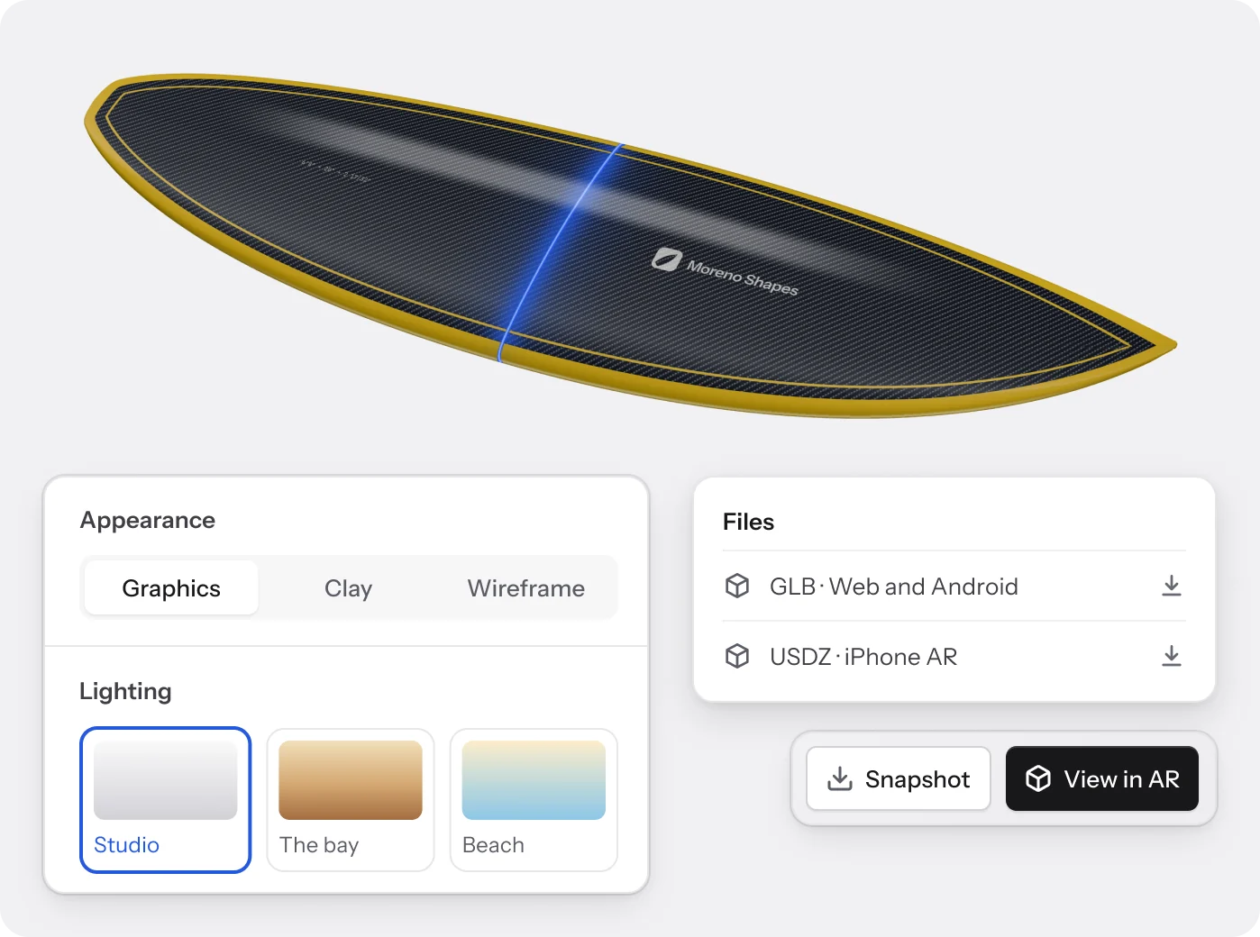 Midnight Carbon in the 3D view with the Appearance menu open: Graphics, Clay or Wireframe, lit as Studio, The bay or Beach