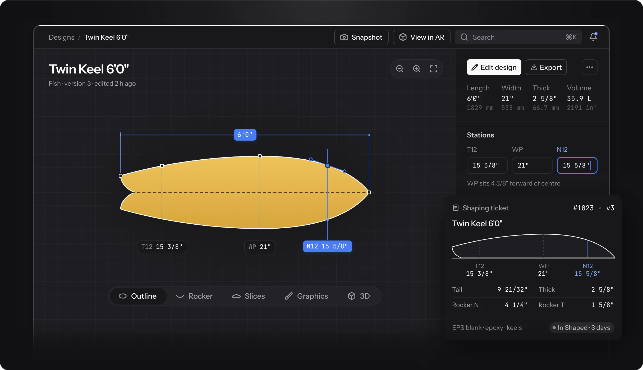 Design editor showing the Twin Keel 6'0" outline with T12, WP and N12 stations, the stations panel and a floating shaping ticket