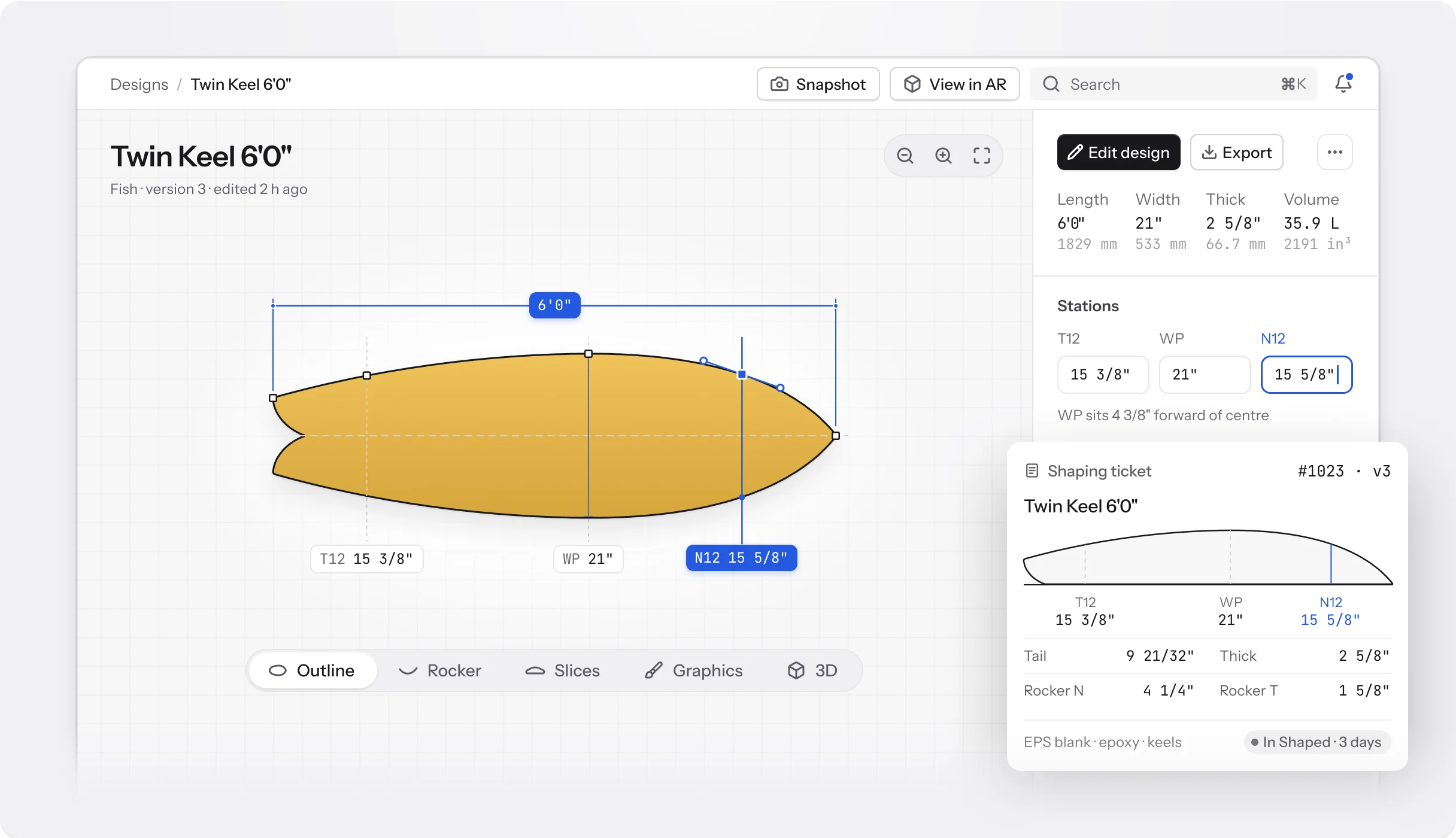 Design editor showing the Twin Keel 6'0" outline with T12, WP and N12 stations, the stations panel and a floating shaping ticket