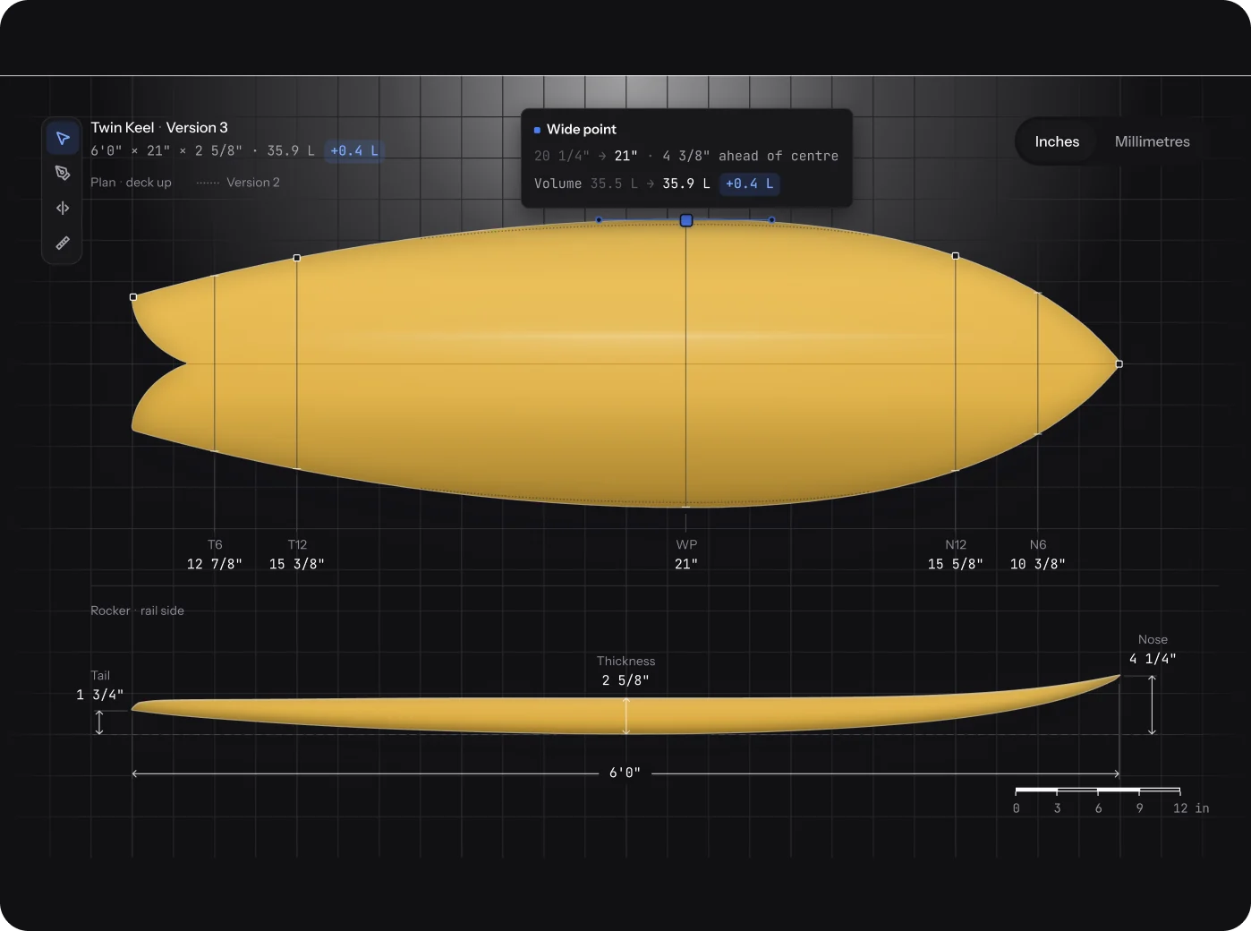 Plan and rocker views of the Twin Keel 6'0" with station measurements, the wide point callout and an inches or millimetres switch