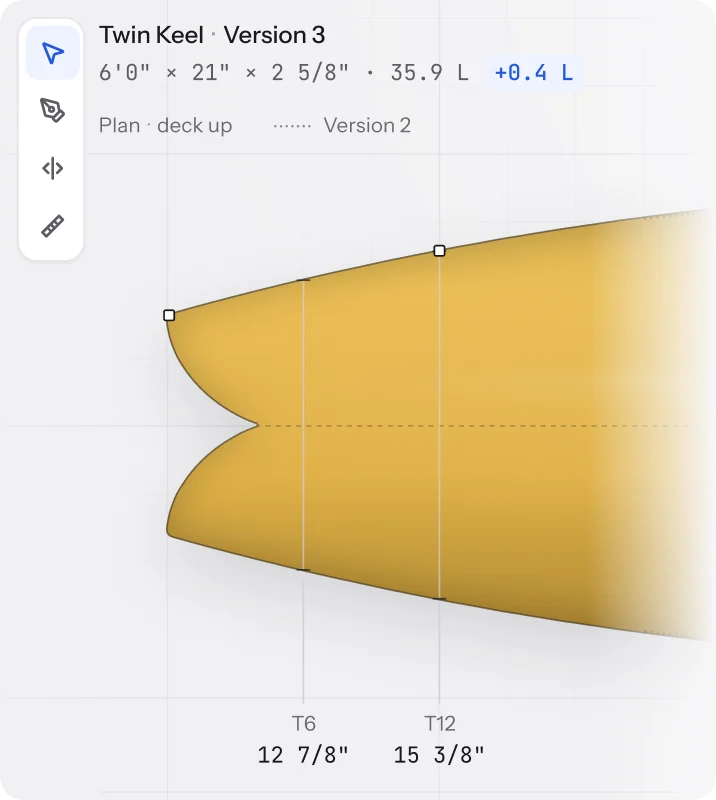 Plan view of the Twin Keel 6'0" with T6 and T12 stations