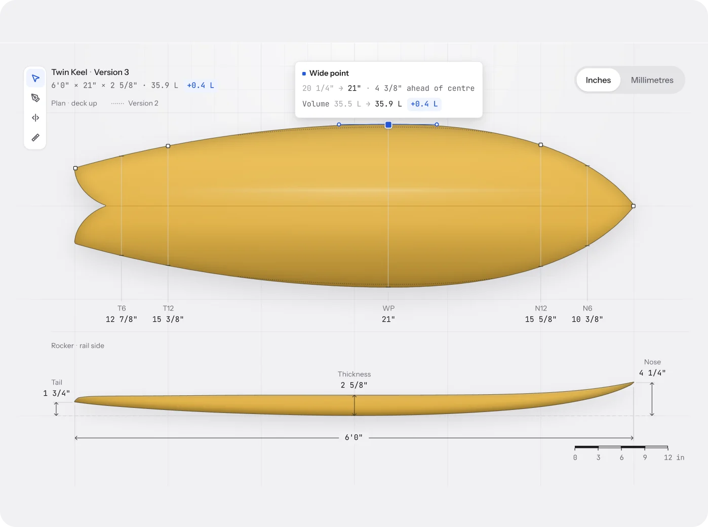 Plan and rocker views of the Twin Keel 6'0" with station measurements, the wide point callout and an inches or millimetres switch
