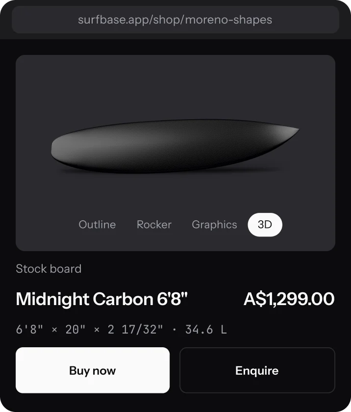 The Midnight Carbon 6'8" board page with Buy now and Enquire