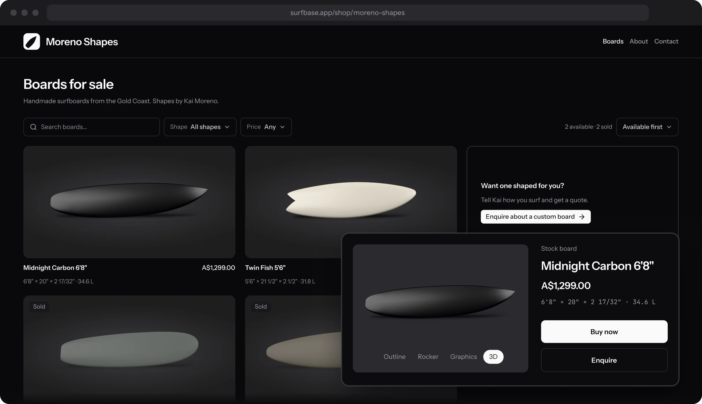 The Moreno Shapes shop page in a browser, with boards for sale, a custom-board card and the Midnight Carbon 6'8" board page