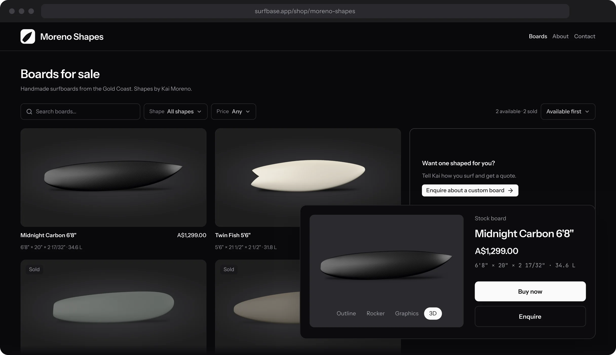 The Moreno Shapes shop page in a browser, with boards for sale, a custom-board card and the Midnight Carbon 6'8" board page