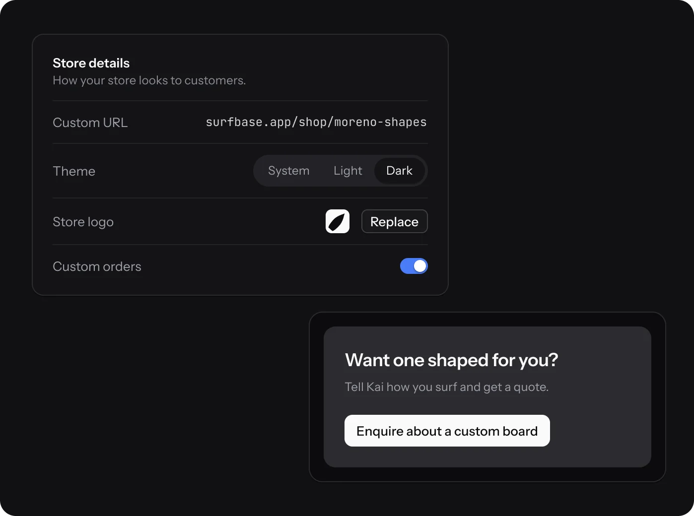 Store details: custom URL, theme, store logo and custom orders, with the custom-board enquiry card