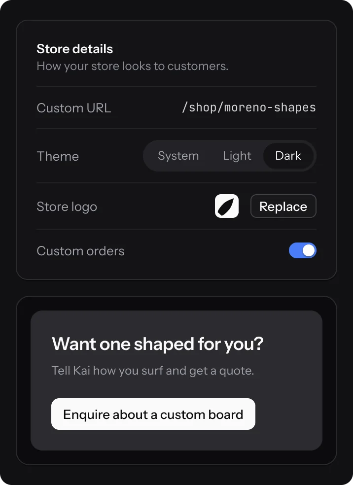 Store details: custom URL, theme, store logo and custom orders
