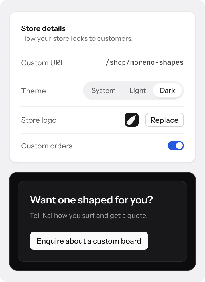 Store details: custom URL, theme, store logo and custom orders