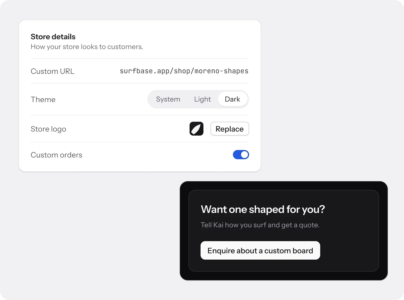 Store details: custom URL, theme, store logo and custom orders, with the custom-board enquiry card