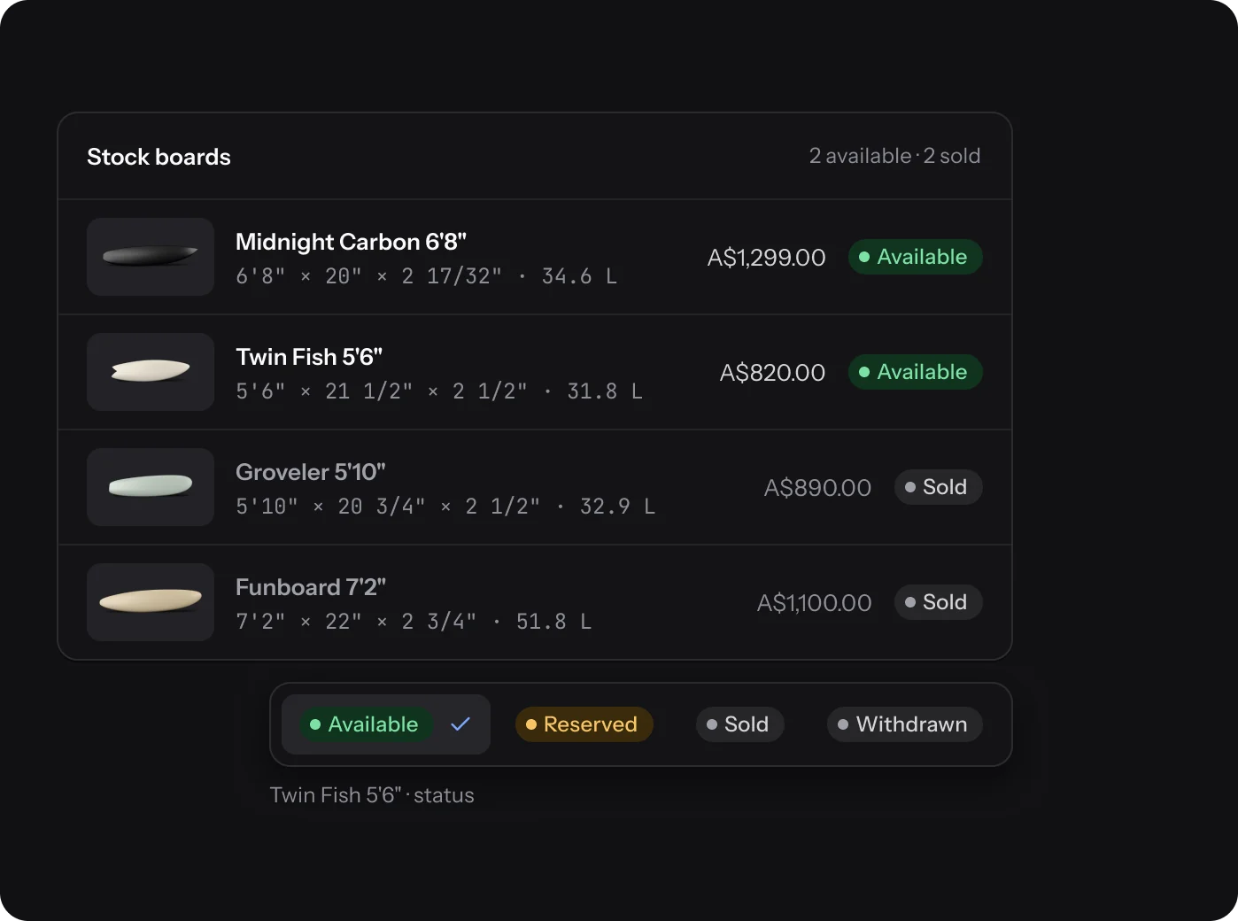 Stock boards with prices and statuses, and the status menu: Available, Reserved, Sold, Withdrawn