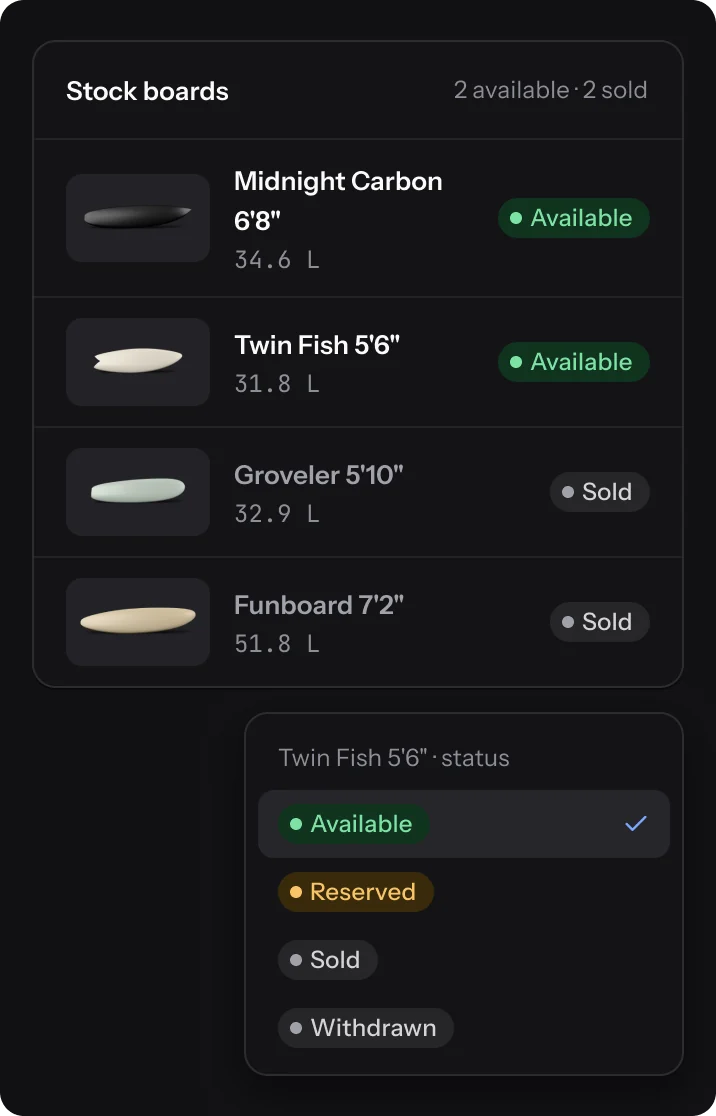 Stock boards with their statuses and the status menu