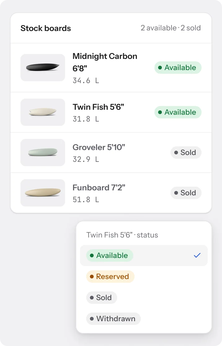 Stock boards with their statuses and the status menu