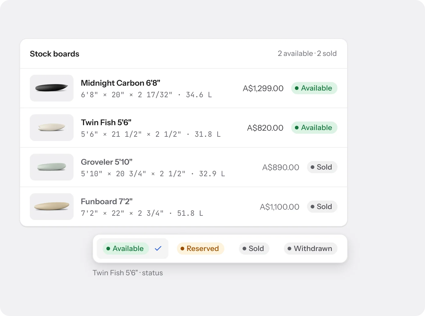 Stock boards with prices and statuses, and the status menu: Available, Reserved, Sold, Withdrawn