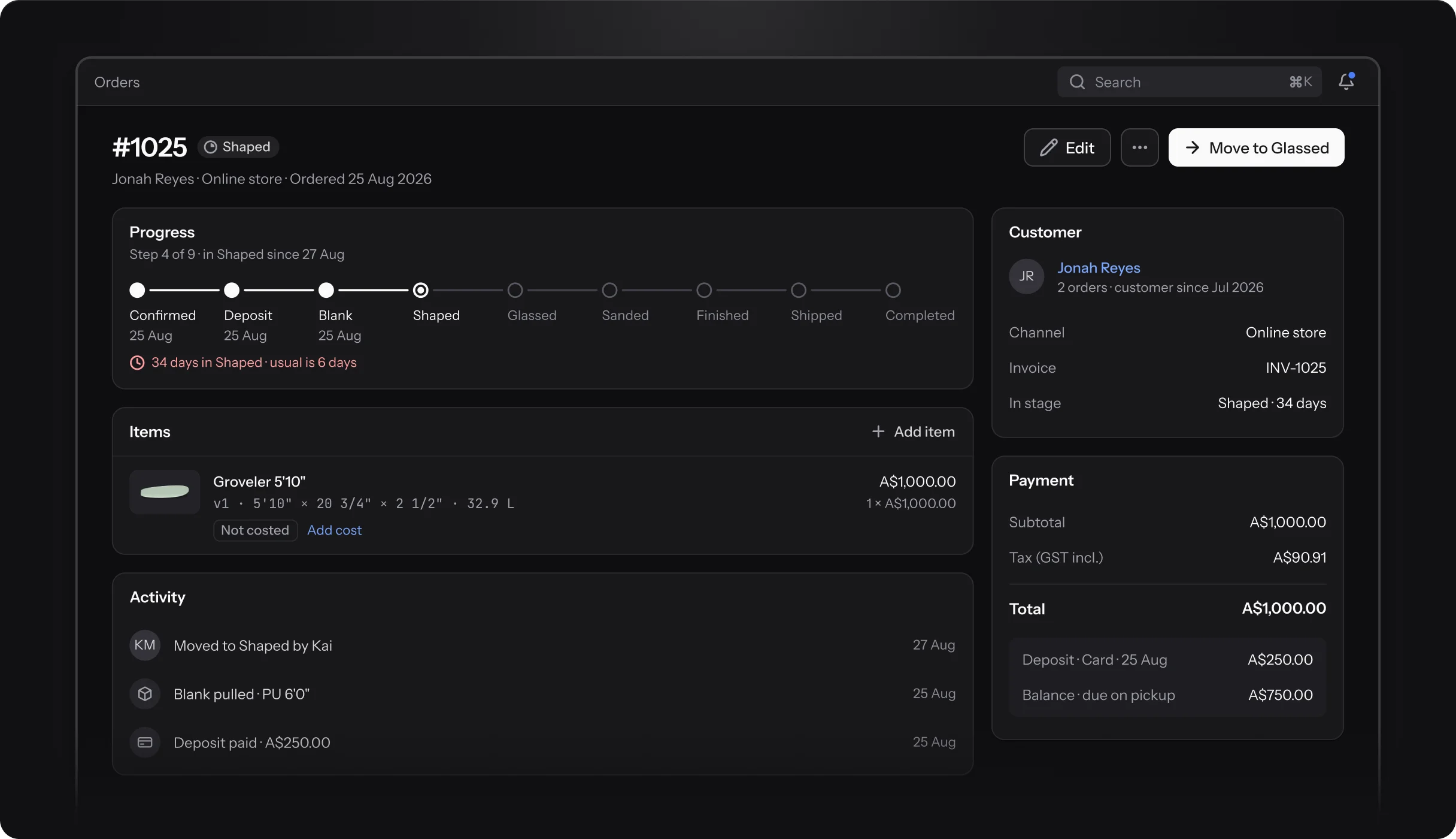 Order #1025 for Jonah Reyes with its progress, items, payments and activity