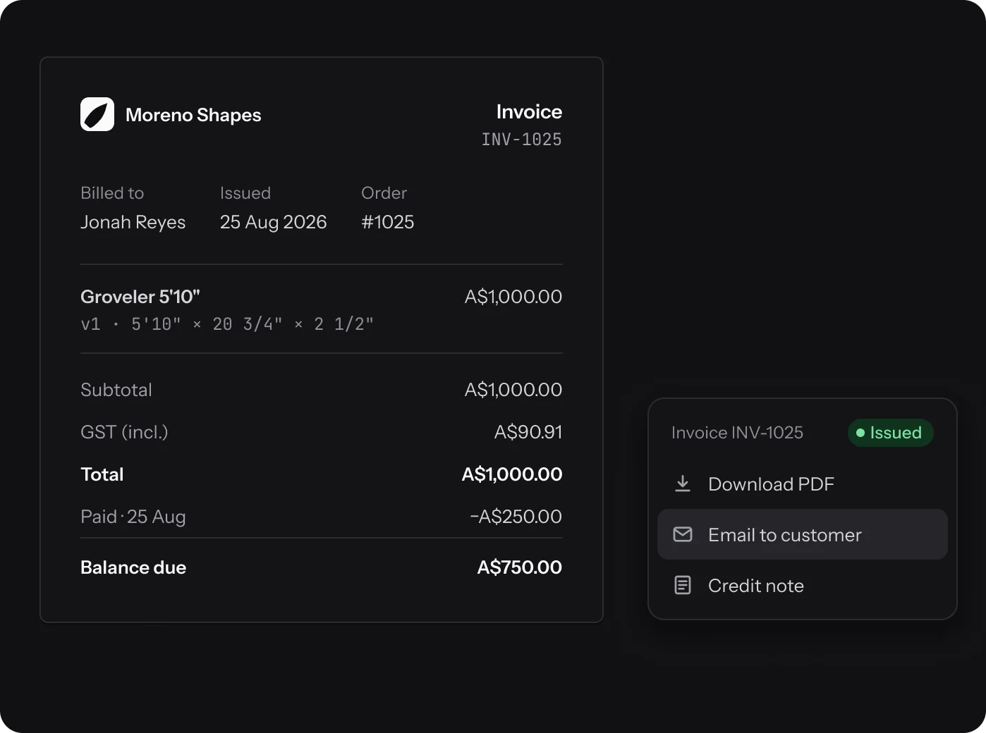 Invoice INV-1025 for Jonah Reyes with the balance due, and the invoice menu: Download PDF, Email to customer, Credit note