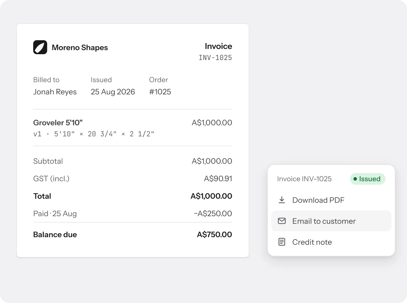Invoice INV-1025 for Jonah Reyes with the balance due, and the invoice menu: Download PDF, Email to customer, Credit note