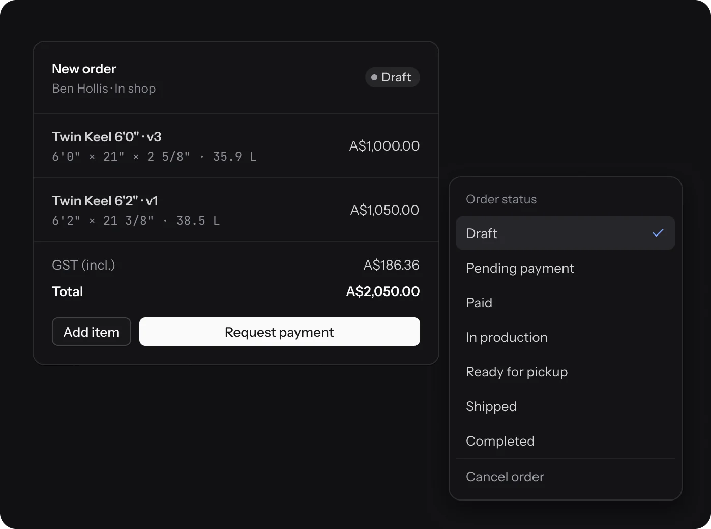 A draft order with two design versions, GST and the total, next to the order status menu