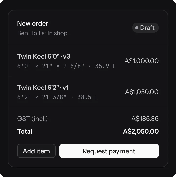 A draft order with two design versions and the total