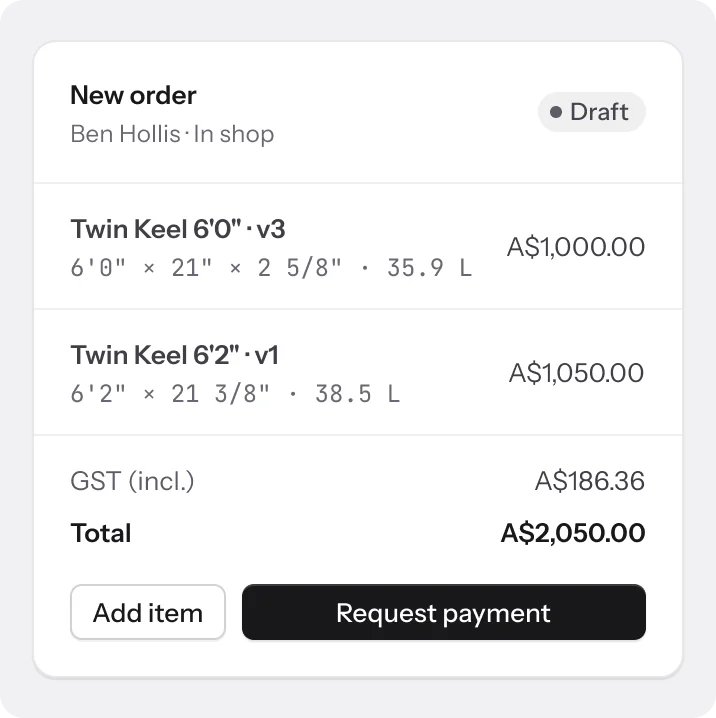 A draft order with two design versions and the total