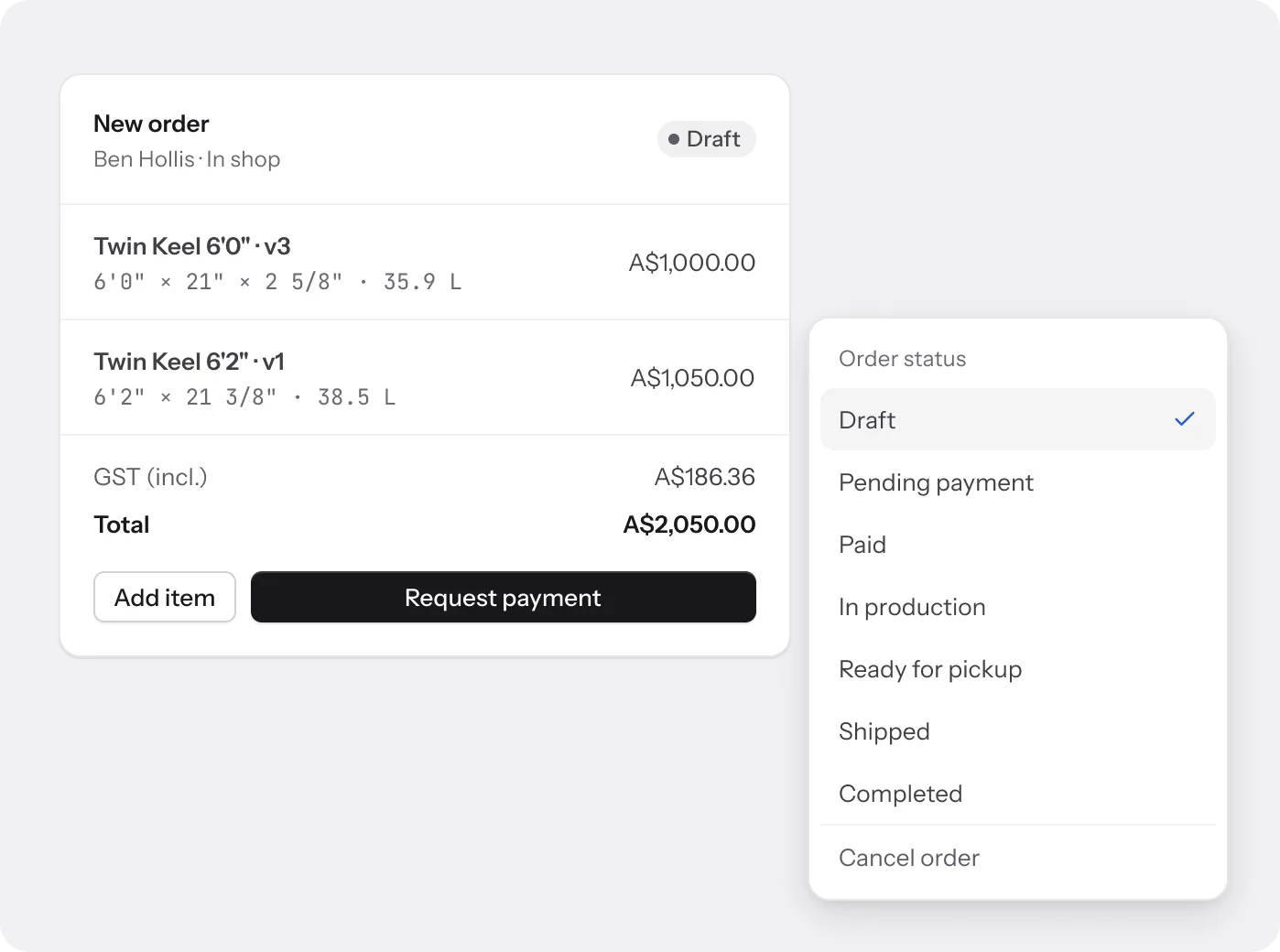 A draft order with two design versions, GST and the total, next to the order status menu