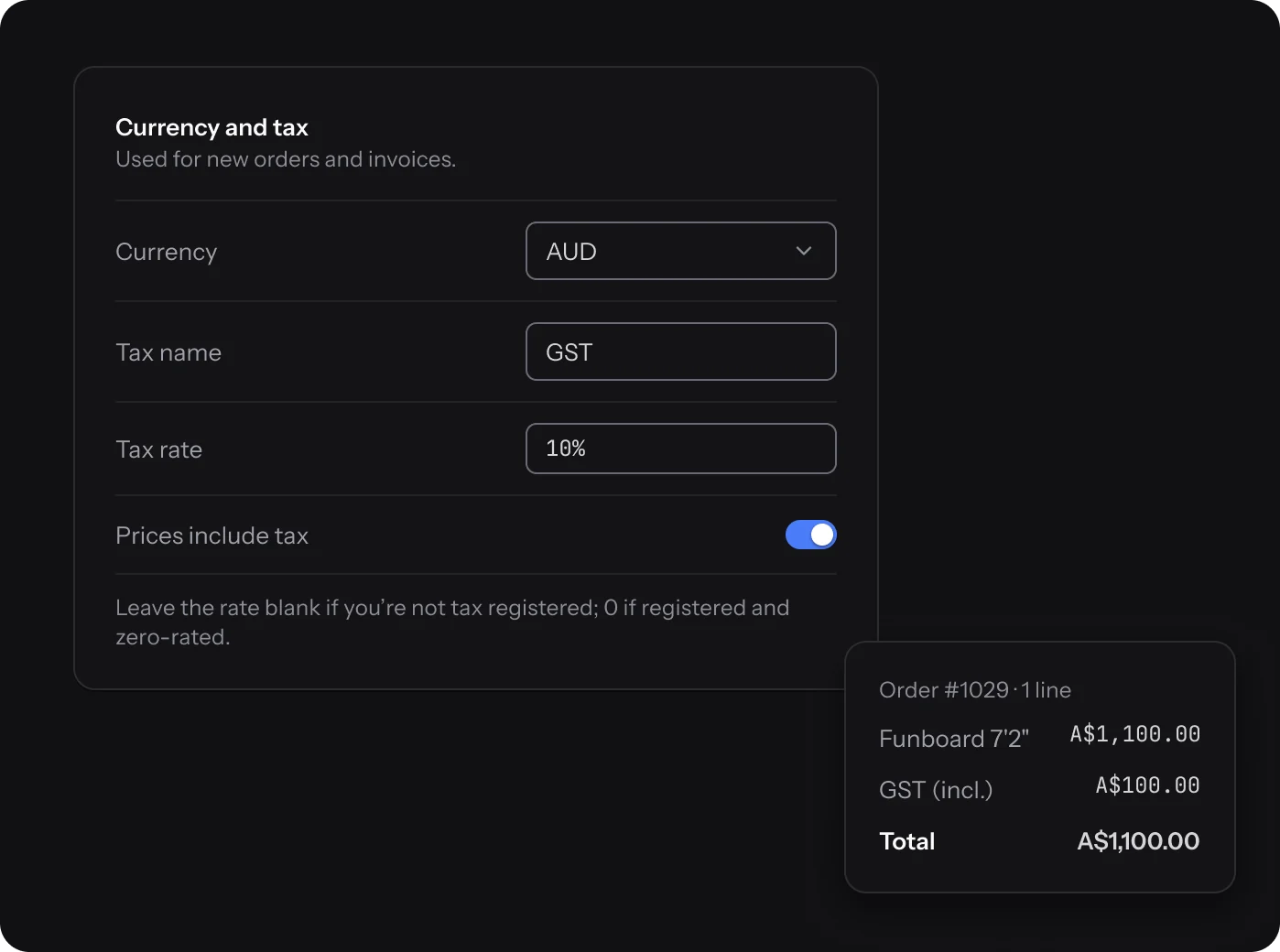Currency and tax settings with AUD and GST at 10%, and an order total including GST