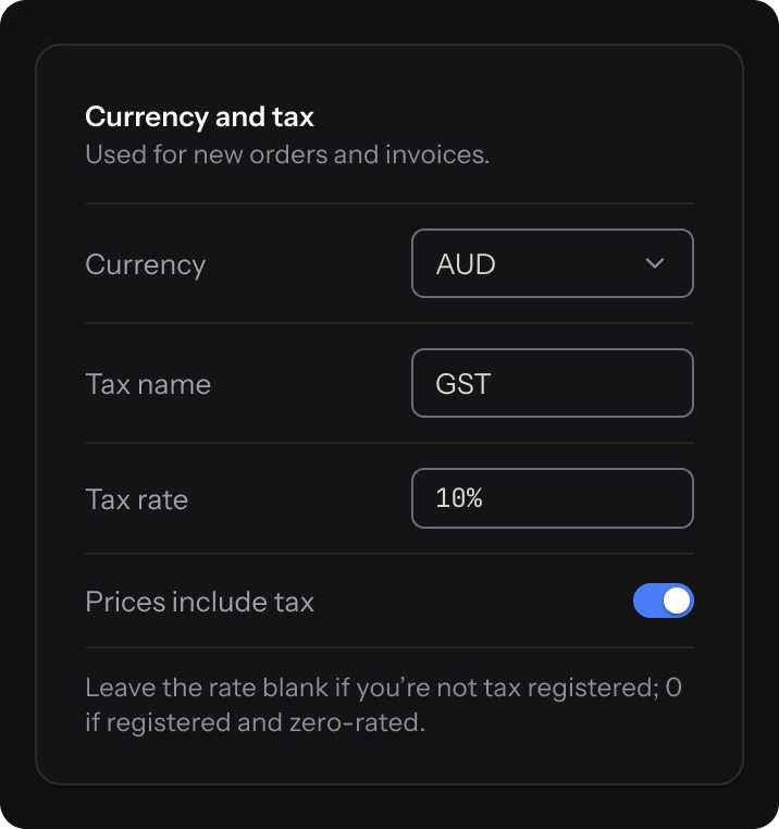 Currency and tax settings with AUD and GST at 10%
