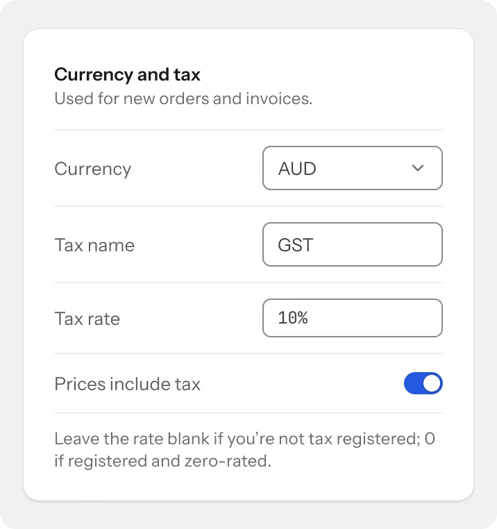 Currency and tax settings with AUD and GST at 10%