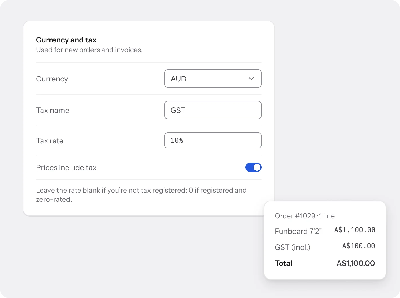 Currency and tax settings with AUD and GST at 10%, and an order total including GST